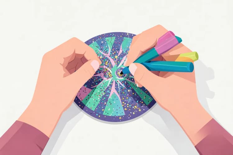 Mãos decorando um topo de bolo do Stitch com glitter e canetas coloridas.