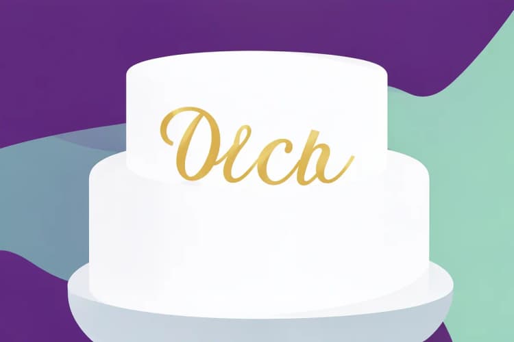 Topo de bolo de casamento com as iniciais dos noivos em letras douradas sobre um bolo branco.