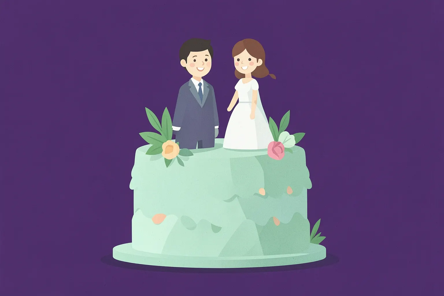 Casal de noivos sorrindo, em miniatura, em cima de um bolo de casamento decorado com flores.