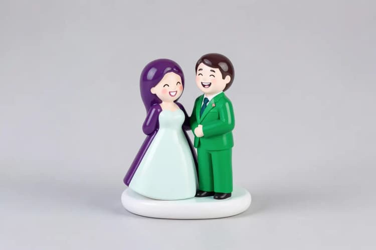 Topo de bolo de casamento com noivos em miniatura rindo