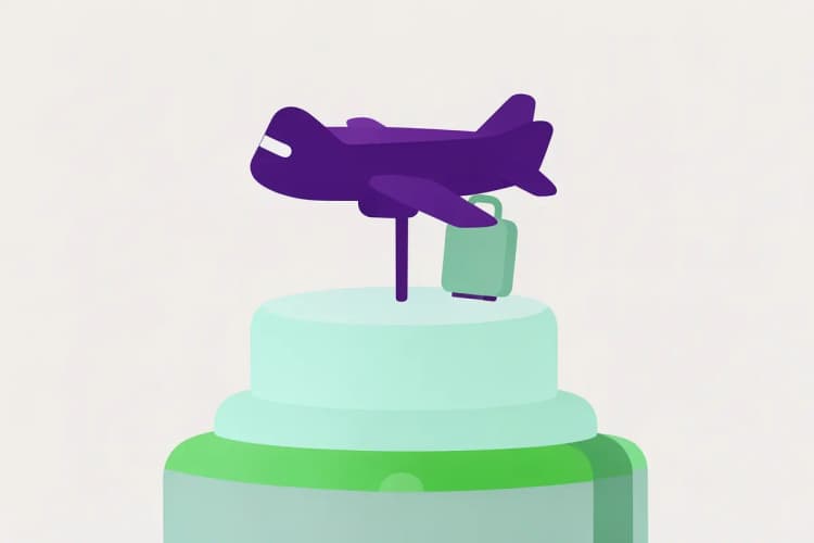 Topo de bolo de casamento com tema de viagem, avião e mala