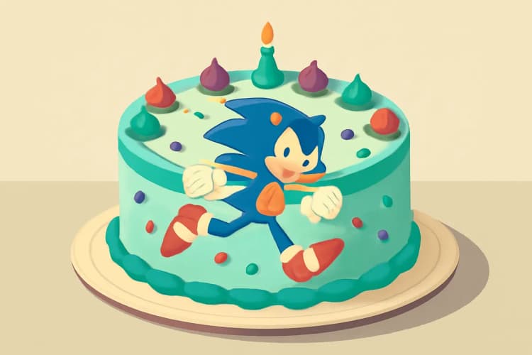 Um bolo de aniversário infantil com o personagem Sonic em destaque, feito de glacê colorido e detalhes em pasta americana.