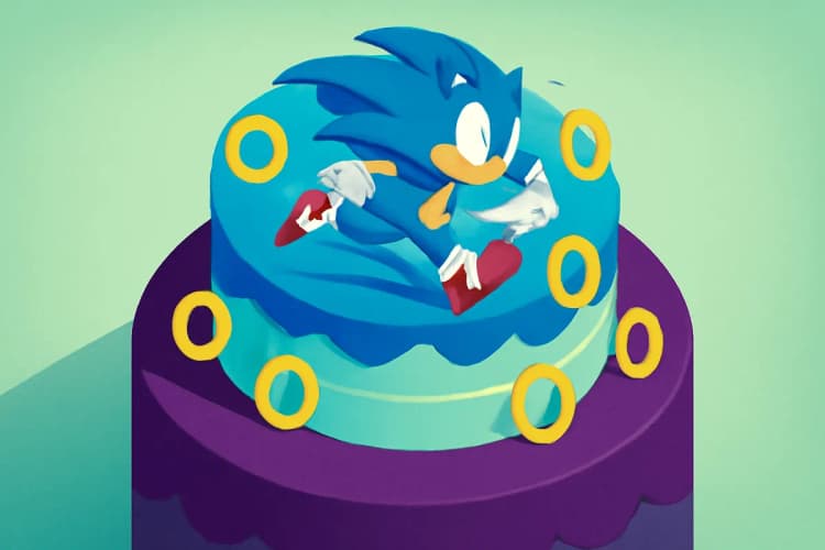 Bolo de aniversário com o tema Sonic, mostrando o personagem correndo em alta velocidade, com detalhes de anéis dourados e cenário de corrida.