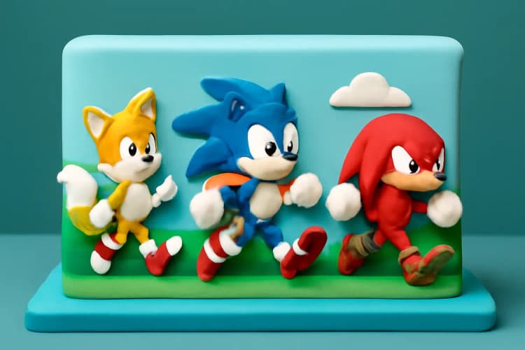 Bolo decorado com vários personagens do universo Sonic, como Tails e Knuckles, em uma cena de aventura.