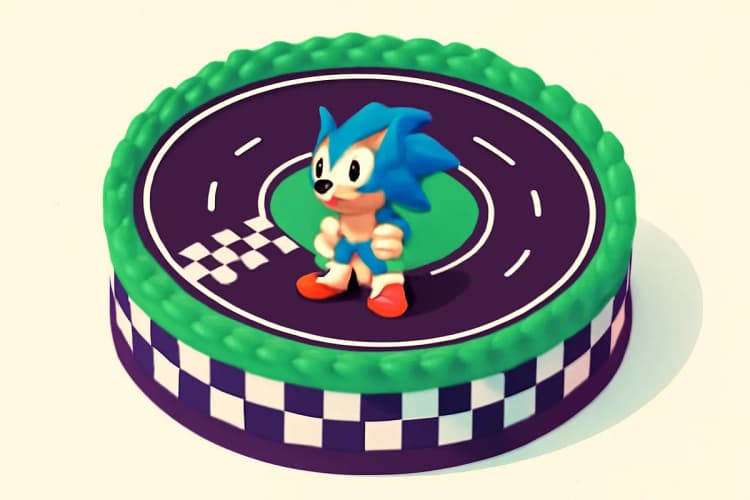 Bolo do Sonic com tema de corrida, apresentando o personagem em uma pista de corrida com bandeira quadriculada.