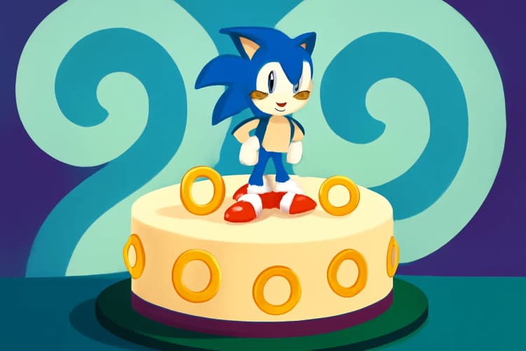 Bolo do Sonic com tema de anéis de ouro, representando um dos elementos clássicos do jogo.
