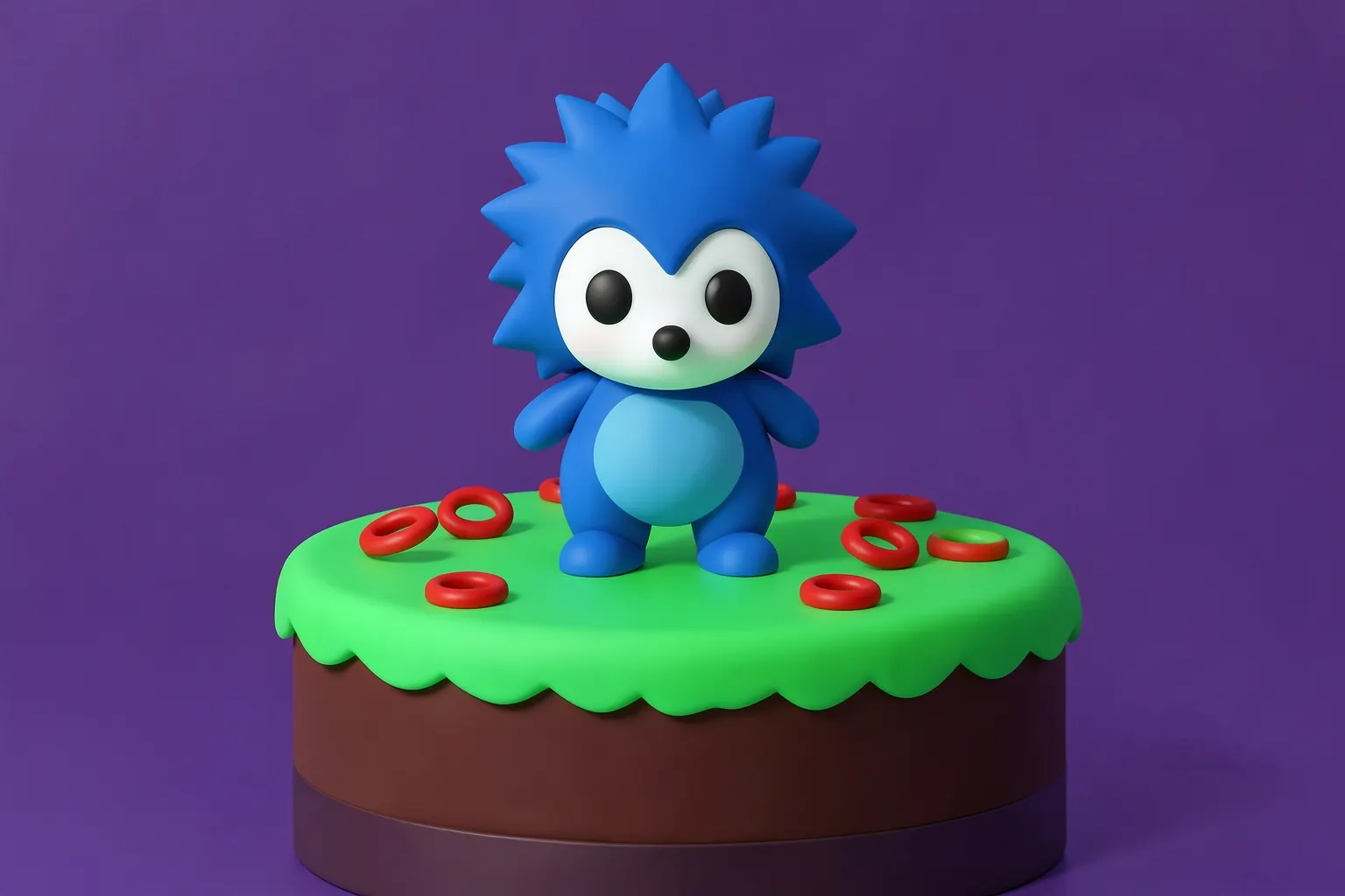Close-up de um bolo de aniversário decorado com o personagem Sonic, o ouriço azul, em comemoração.