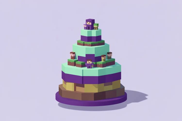 Topo de bolo de videogame Minecraft com blocos e personagens.