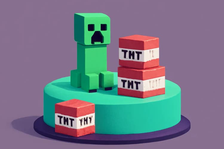 Topo de bolo de videogame Minecraft com Creeper e TNT.