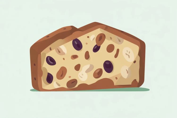 Um close-up de um pedaço de bolo de noiva com frutas secas e nozes visíveis.