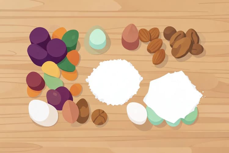 Ingredientes para bolo de noiva dispostos em uma bancada: frutas cristalizadas, nozes, ovos e farinha.