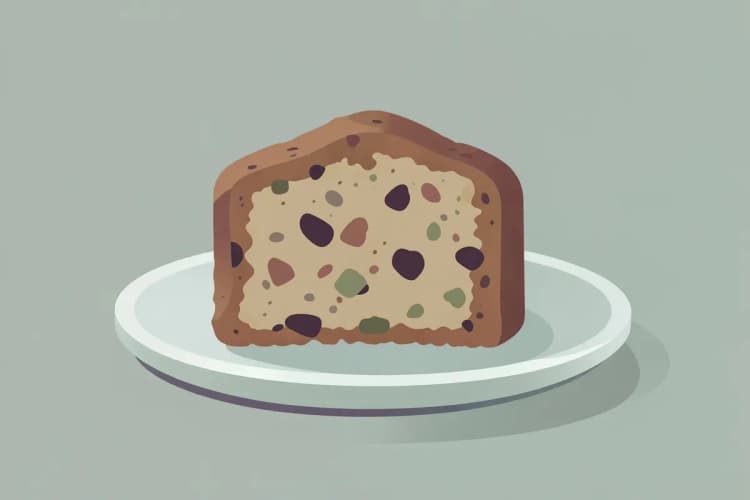 Um pedaço de bolo de noiva em um prato, mostrando a textura densa e os pedaços de frutas.