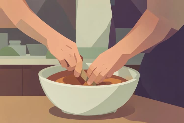 Mãos de confeiteiro misturando massa de bolo de noiva em uma tigela grande.
