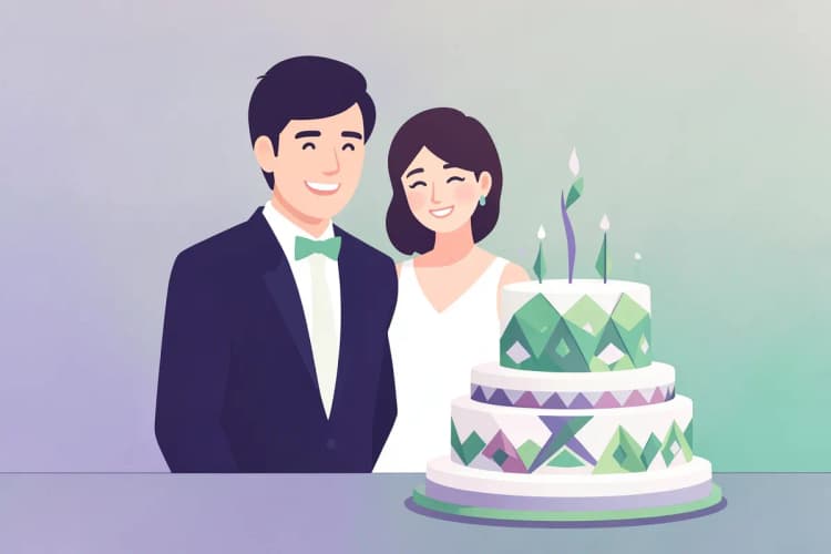 Um casal de noivos sorrindo ao lado de um bolo de casamento decorado.