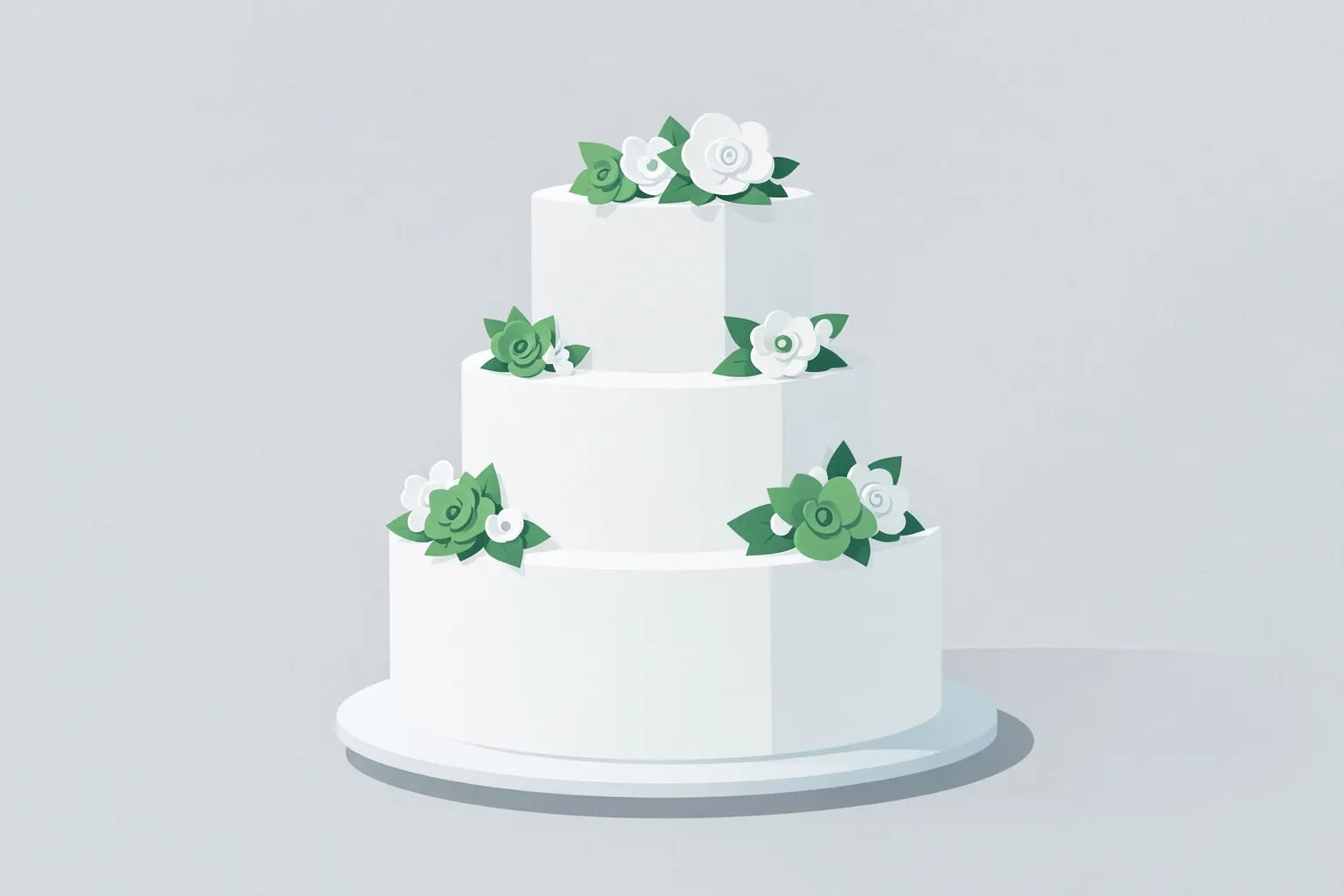 Um bolo de casamento branco de três andares decorado com flores de açúcar brancas e verdes.